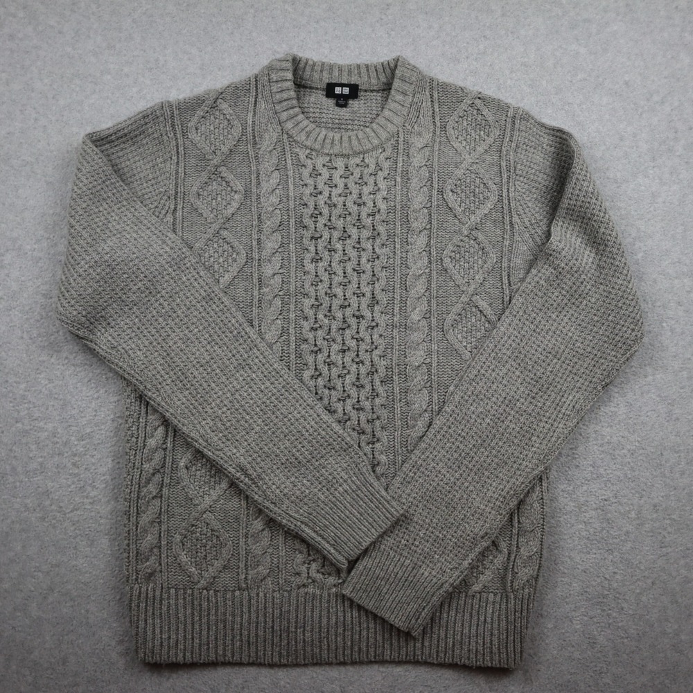 Uniqlo Sweater Mens Small Cable Knit Gray Crew Neck Long Sleeve Wool Blend